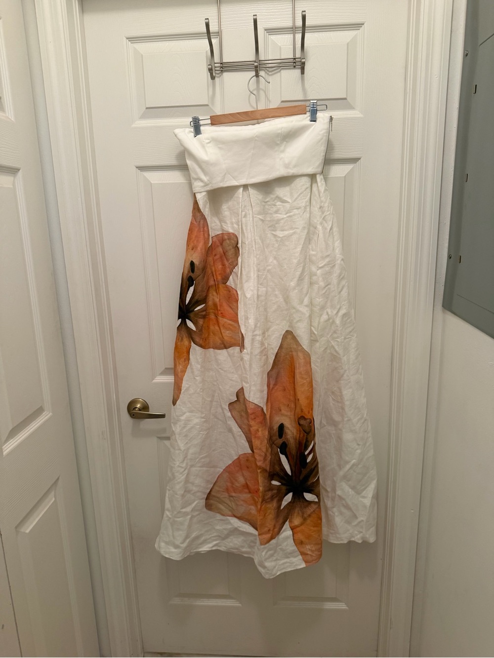 White Strapless Maxi Dress with Orange Floral Motif